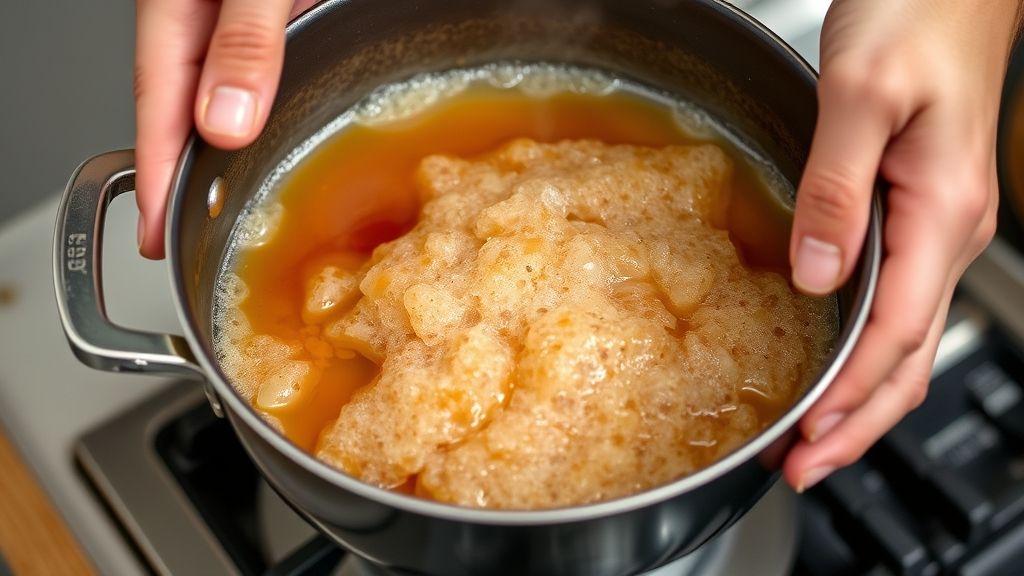 Mãos mexendo levemente a panela com açúcar derretendo até o ponto de caramelo