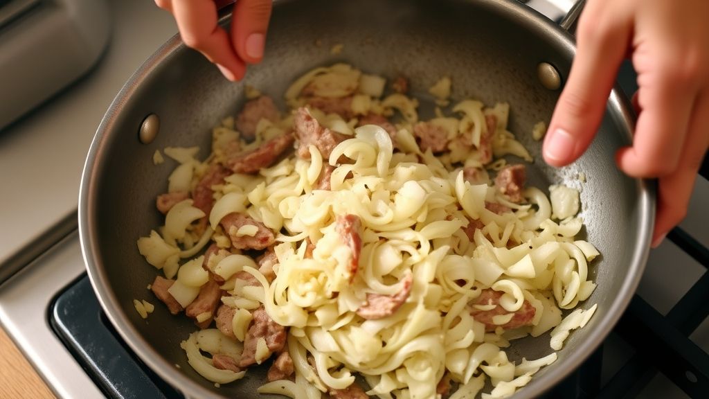 Mãos refogando cebola e alho em frigideira, etapa do preparo da carne cremosa