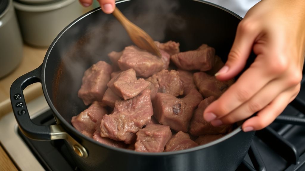 Mãos selando pedaços de carne em panela de ferro no preparo da receita