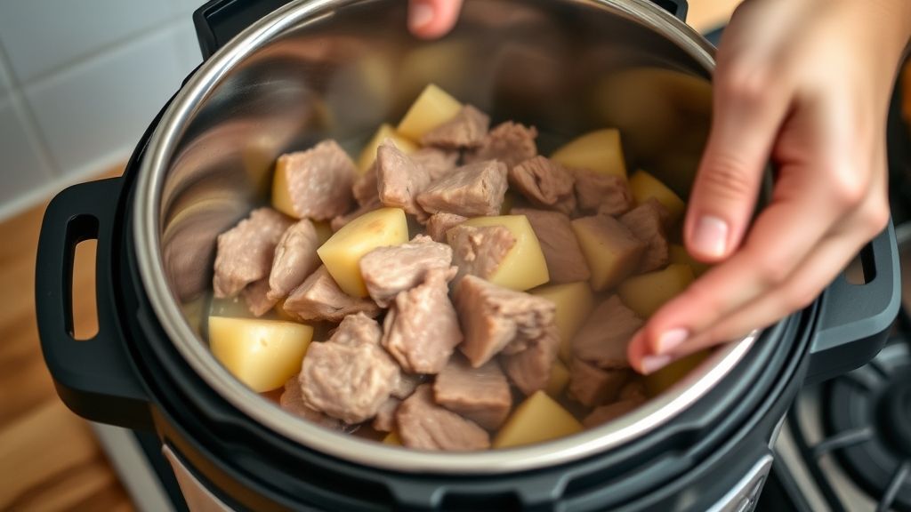 Mãos dourando os pedaços de carne de porco na panela de pressão durante o preparo