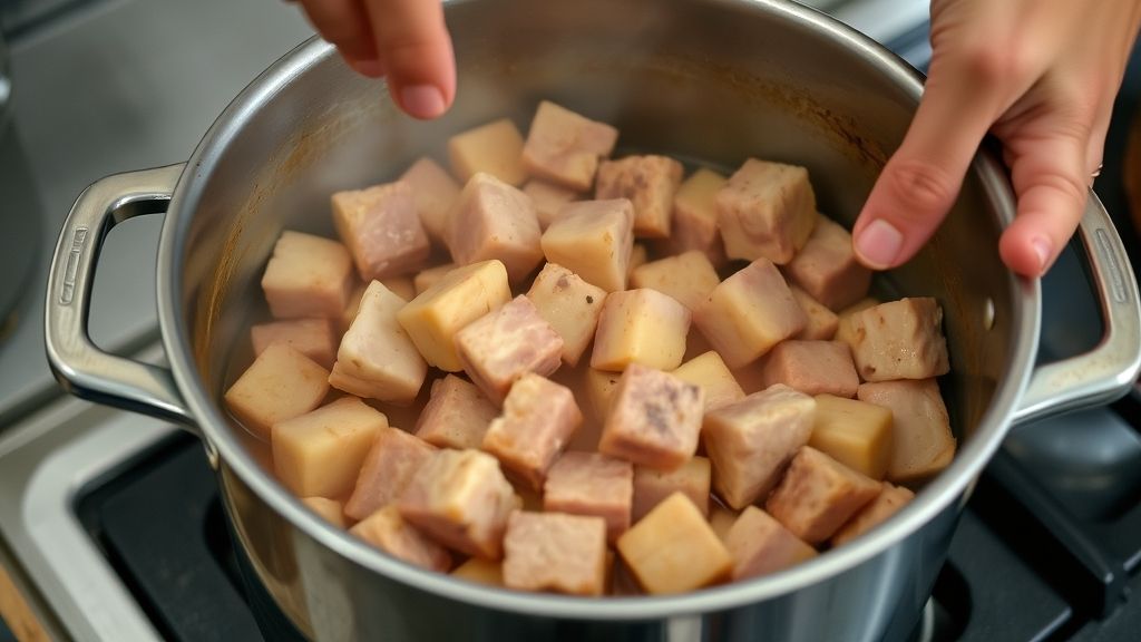 Mãos dourando os cubos de carne de porco em panela de ferro durante o preparo da receita