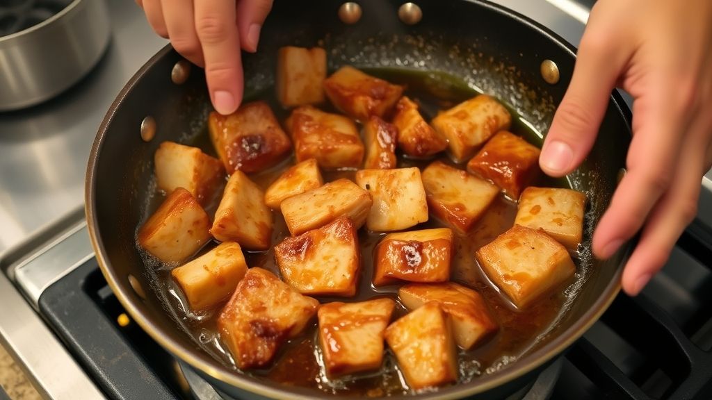 Mãos dourando pedaços de carne de porco em frigideira com molho de mel e shoyu borbulhante.