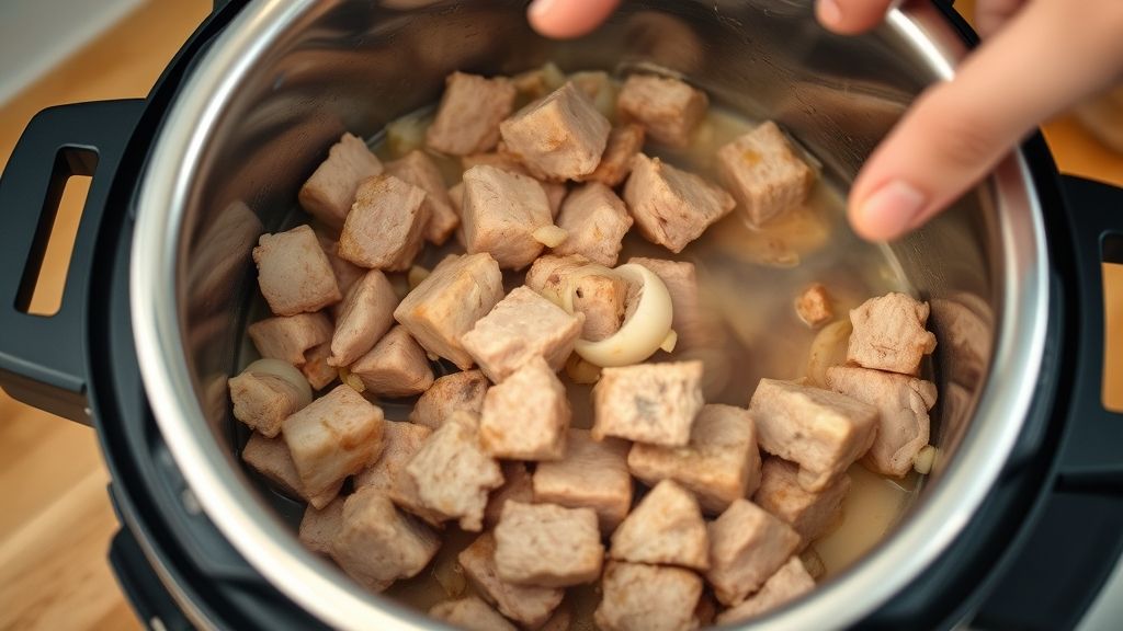 Mãos dourando os pedaços de carne em panela de pressão, mostrando o processo de selagem antes do cozimento