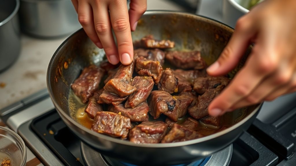 Mãos dourando pedaços de carne de sol em panela com manteiga de garrafa