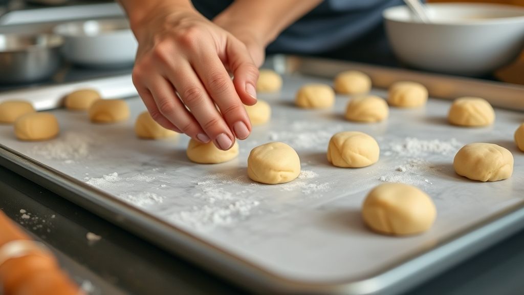 Mãos modelando bolinhas da massa amanteigada antes de levar ao forno, mostrando textura e cuidado artesanal.