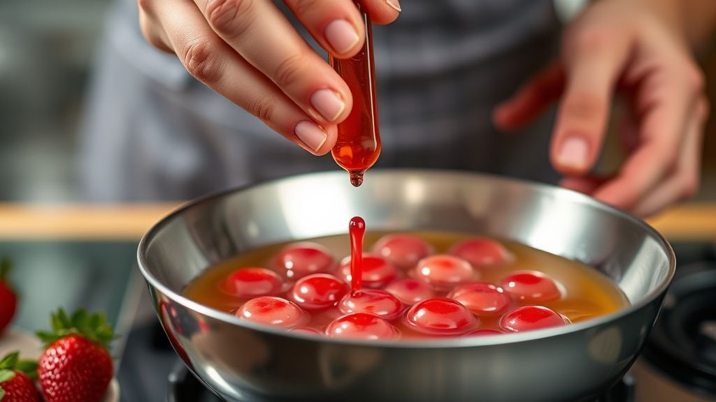 Mãos pingando o purê de morango com ágar-ágar em um copo de óleo gelado para formar as pequenas esferas.