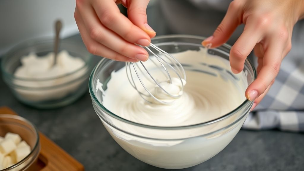 Mãos batendo creme de leite fresco em tigela fria com batedor elétrico até formar picos firmes.