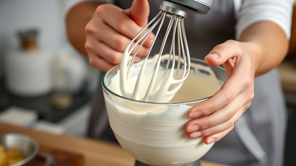 Mãos batendo o chantilly na batedeira até atingir ponto firme, mostrando textura cremosa no bowl frio