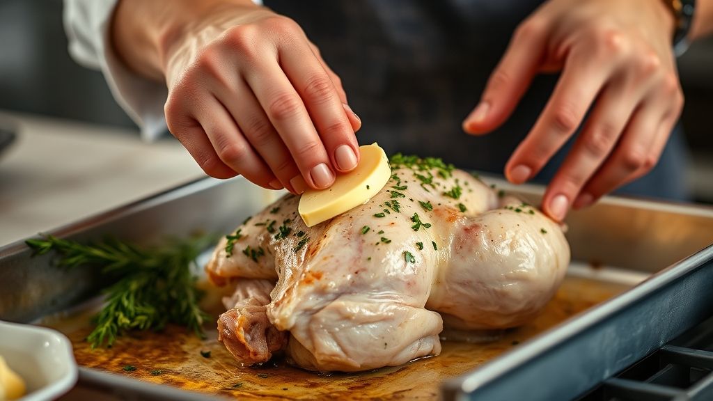 Mãos espalhando manteiga e temperos sobre o chester antes de levar ao forno, em uma cozinha iluminada.