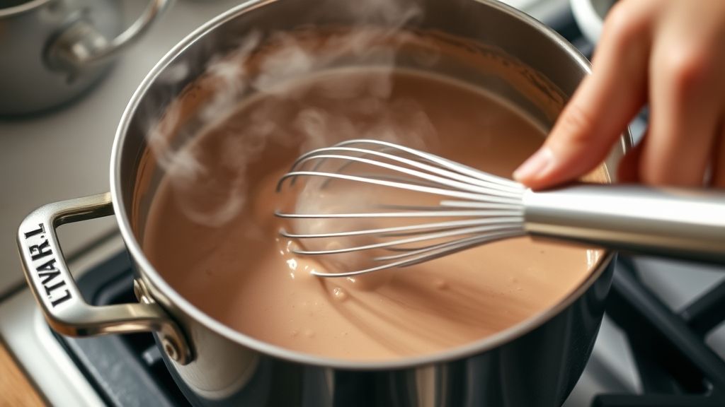 Mãos mexendo o chocolate quente em uma panela, mostrando o ponto cremoso se formando.