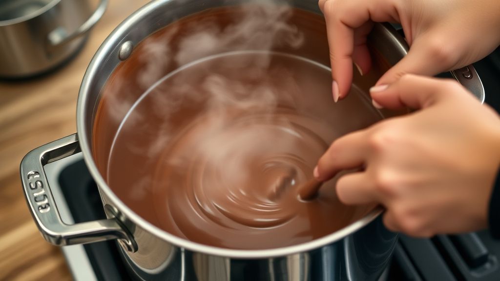 Mãos mexendo o chocolate quente em uma panela, mostrando a consistência cremosa da bebida