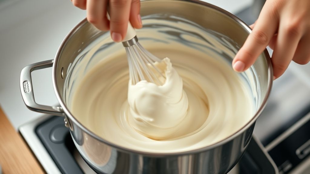 Mãos mexendo a calda em uma panela com fouet, mostrando textura cremosa se formando.