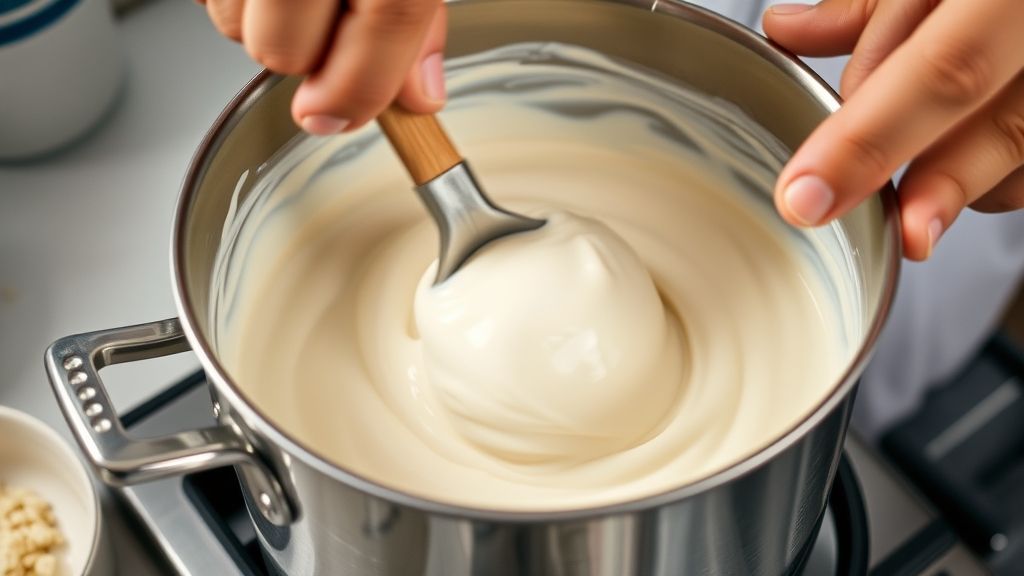 Mãos mexendo a mistura cremosa na panela durante o cozimento da cocada