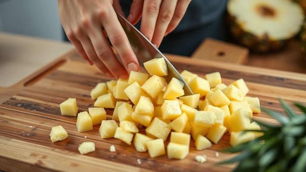 Mãos cortando abacaxi em cubos sobre uma tábua durante o preparo do congelamento.