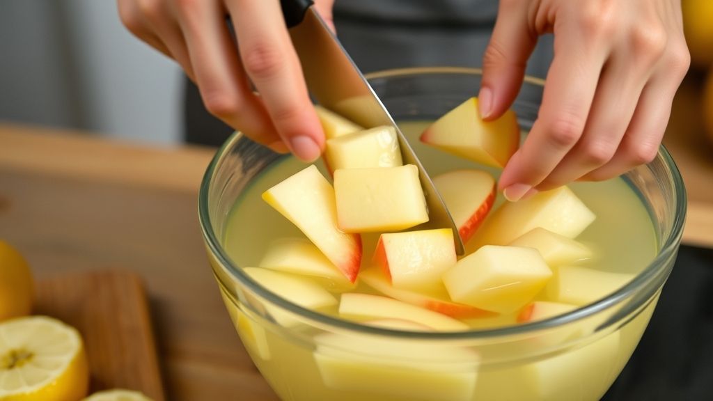 Mãos cortando maçãs e mergulhando as fatias em água com limão antes do congelamento