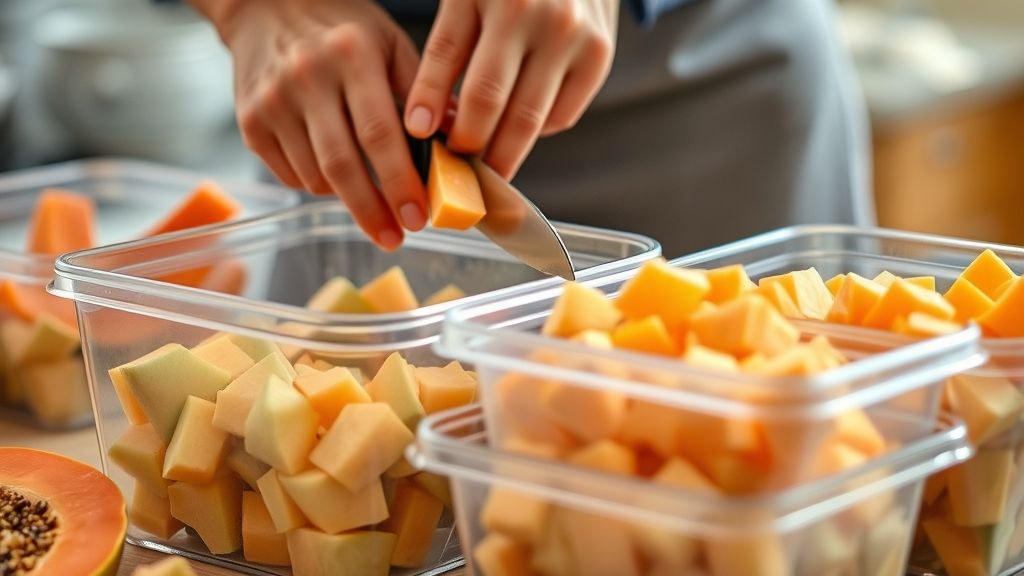 Mãos cortando mamão em cubos antes de colocar em potes para congelar