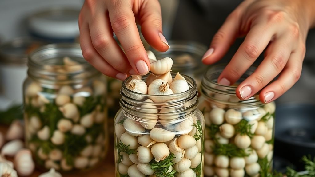 Mãos enchendo o pote com dentes de alho e ervas antes de adicionar o vinagre quente