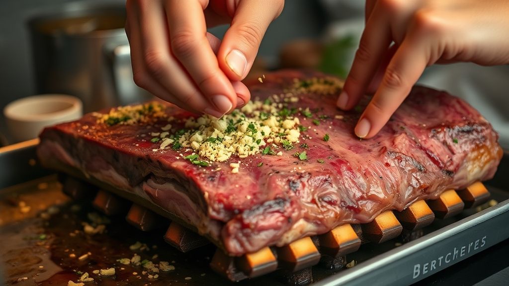 Mãos temperando costela com alho e ervas antes de levar ao forno