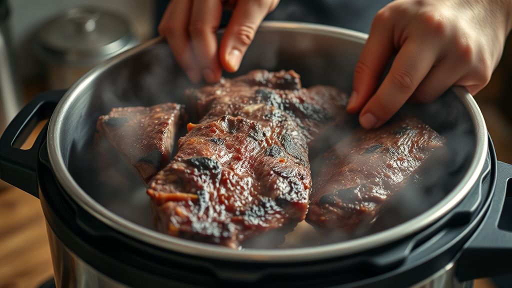 Mãos dourando pedaços de costela na panela de pressão, com vapor e cor intensa da carne