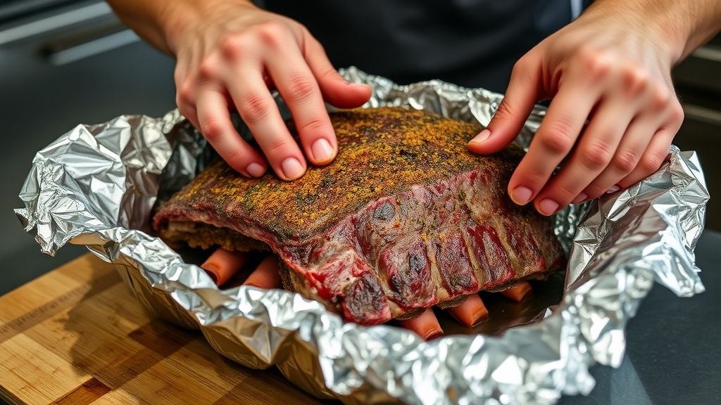 Mãos envolvendo pedaços de costela temperada em papel alumínio antes de levar à airfryer.