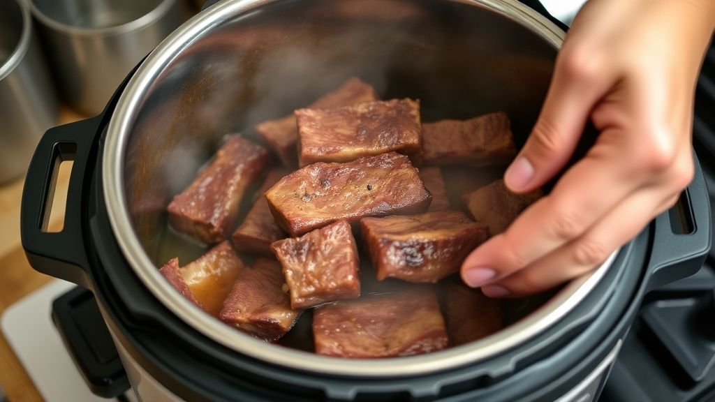 Mãos selando a costela na panela quente antes do cozimento sob pressão