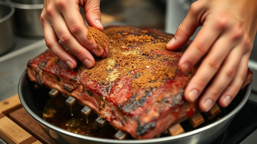 Mãos temperando a costela com especiarias e azeite durante o preparo