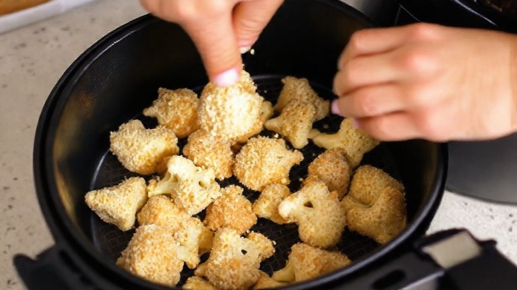 Mãos empanando floretes de couve-flor e posicionando-os na cesta da airfryer.