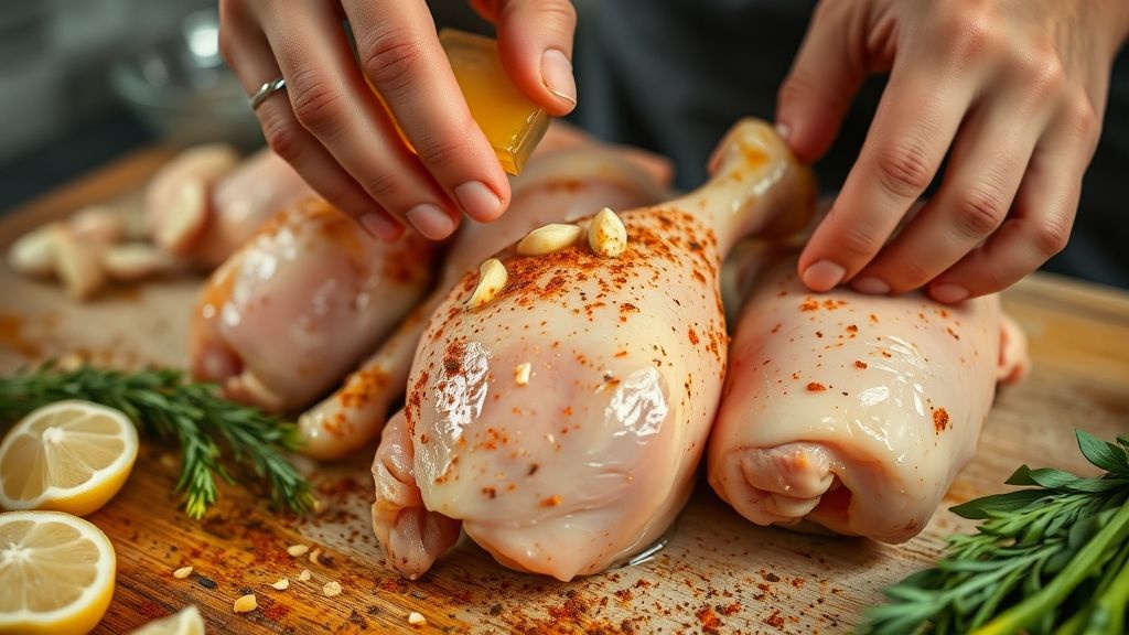 Mãos temperando o frango em tigela com alho e especiarias durante o preparo da marinada
