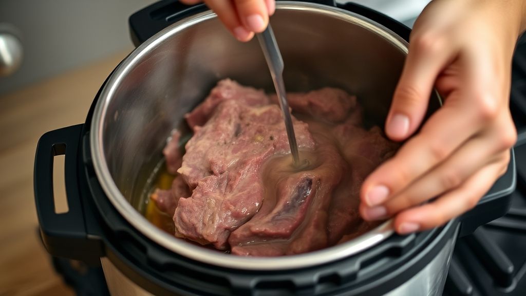 Mãos dourando a carne na panela de pressão em um dos passos do preparo.