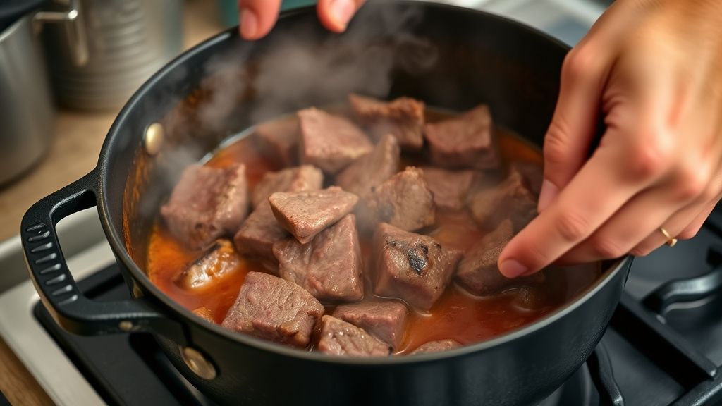 Mãos dourando a carne em panela de ferro com aromáticos liberando vapor e aroma