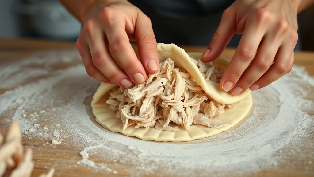 Mãos modelando uma coxinha com o recheio de frango e a massa lisa de leite