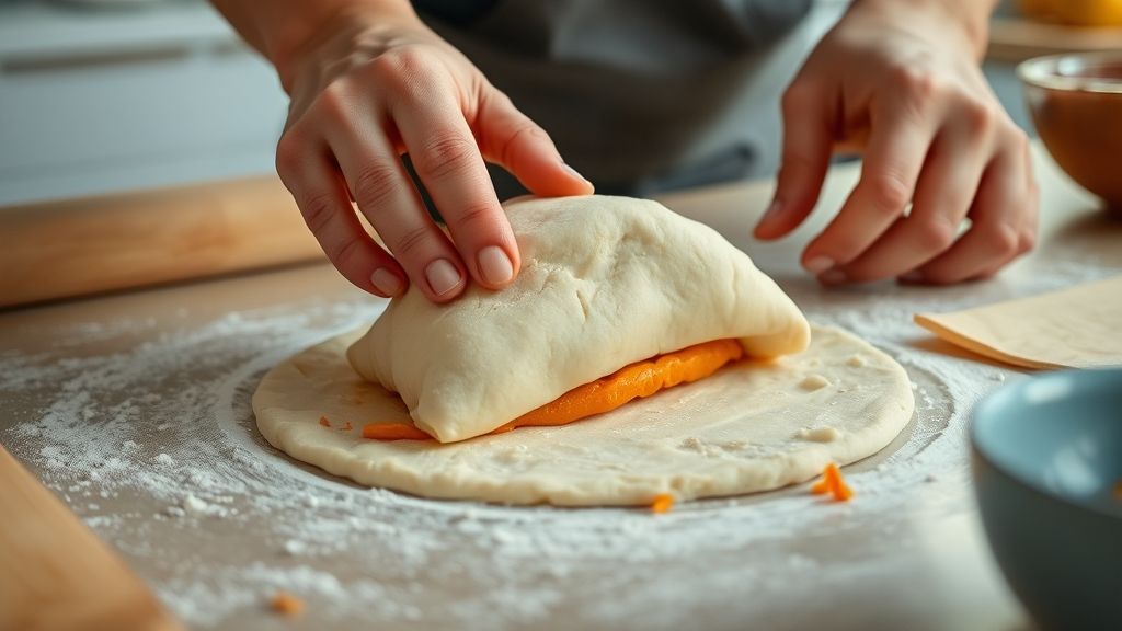 Mãos modelando a massa de batata-doce e recheando com frango em uma cozinha bem iluminada