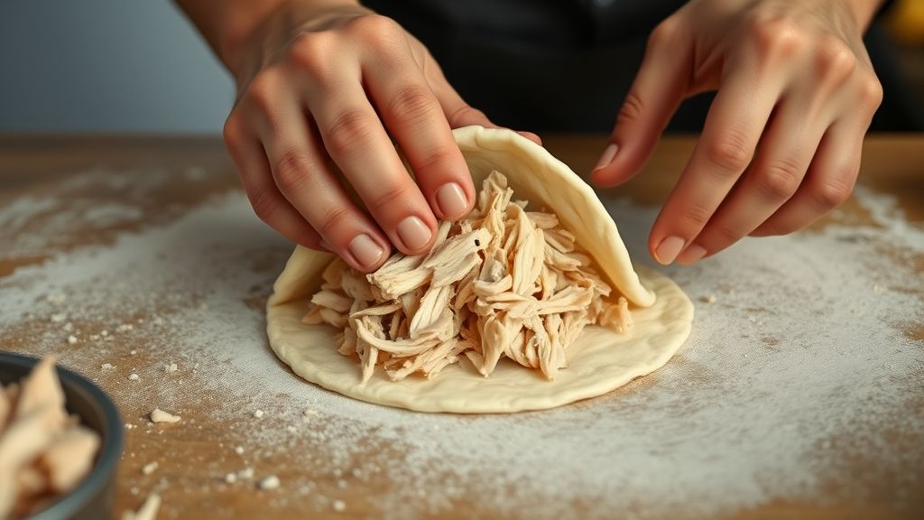 Mãos modelando a massa e recheando a coxinha durante o preparo caseiro