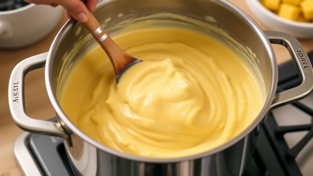 Mãos mexendo o creme de milho em panela, mostrando a textura engrossando