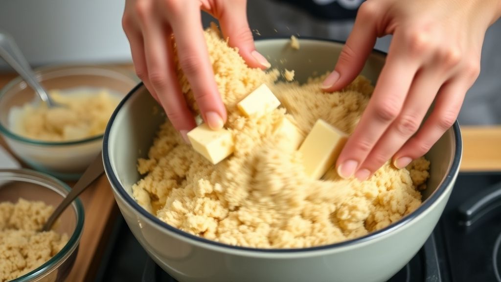 Mãos misturando a farofa amanteigada para a cobertura crocante do crumble de maçã.
