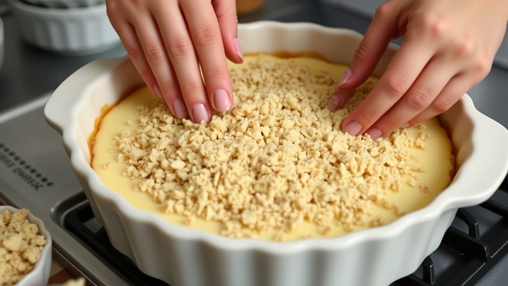 Mãos espalhando a farofa sobre o recheio de leite condensado antes de levar a cuca ao forno