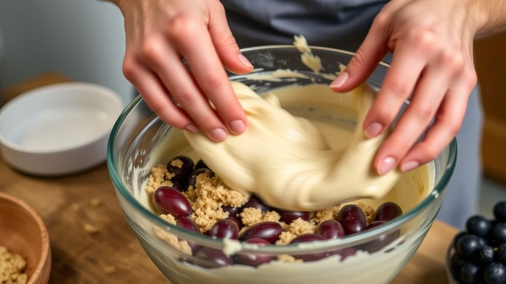 Mãos misturando a massa fofa em uma tigela enquanto as uvas são preparadas para o recheio
