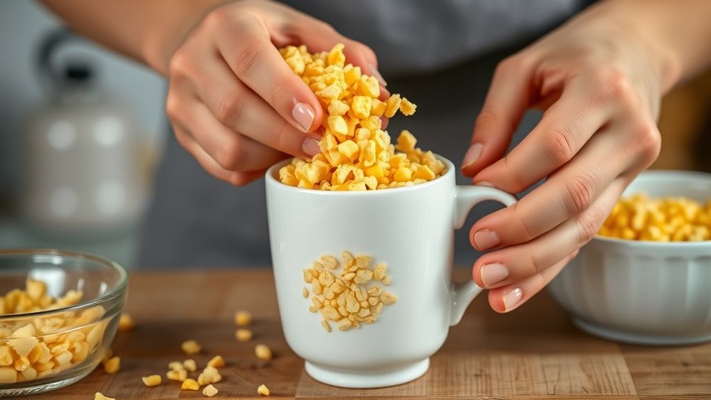 Mãos transferindo a mistura hidratada de flocos de milho para uma xícara untada