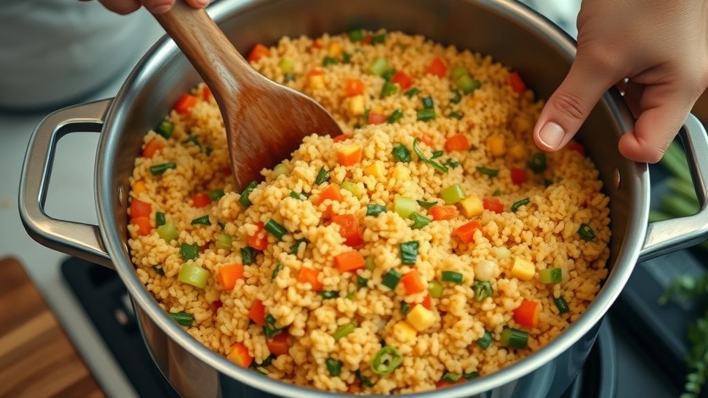 Mãos mexendo a mistura do cuscuz com legumes em uma panela durante o preparo