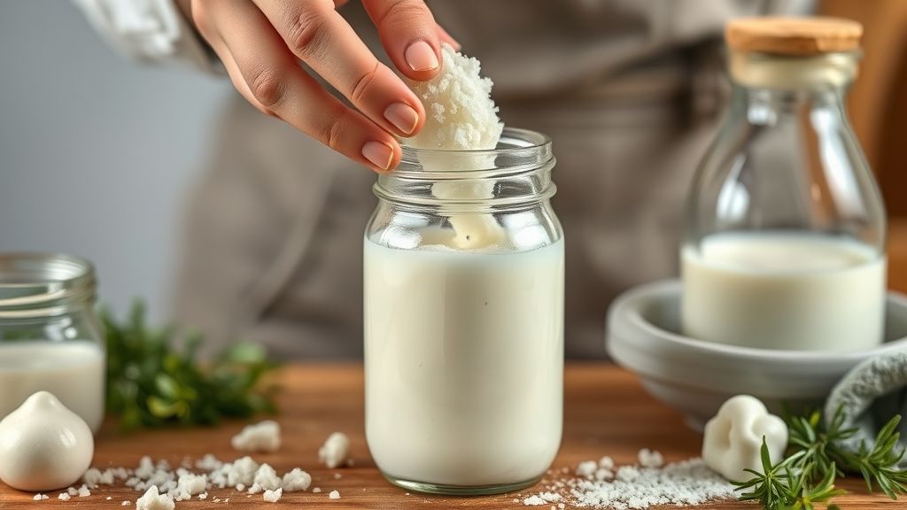 Mãos transferindo grãos de kefir descongelados para um pote com leite para iniciar a reativação
