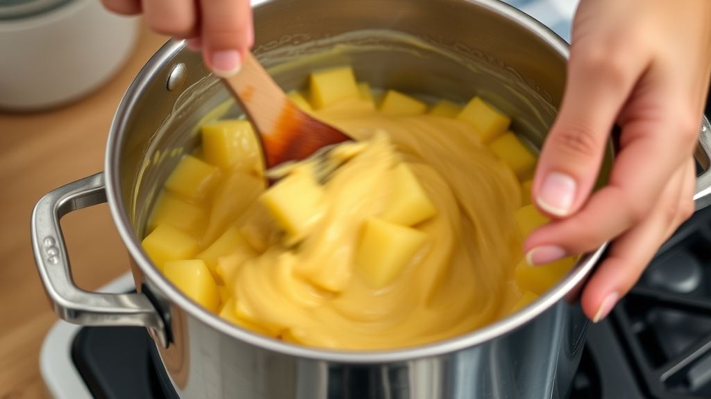 Mãos mexendo o doce de abacaxi em panela durante o cozimento, mostrando a calda espessando.