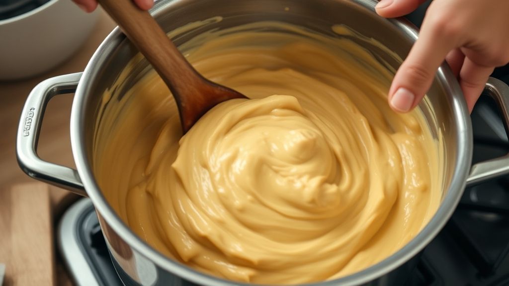 Mãos mexendo o doce de banana espesso em panela de fundo grosso durante o cozimento