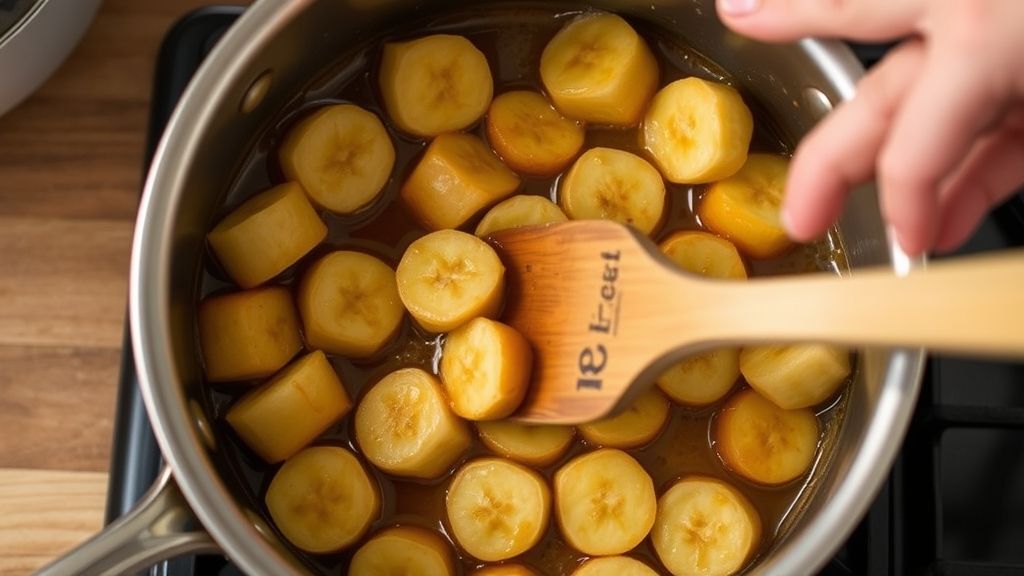 Mãos mexendo o doce de banana em uma panela, mostrando o ponto cremoso do cozimento