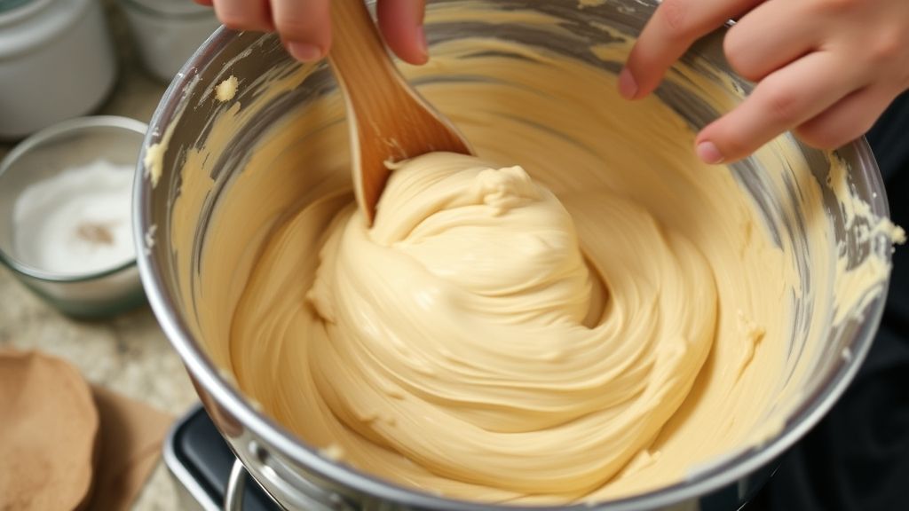 Mãos misturando a massa do doce em um recipiente durante o preparo