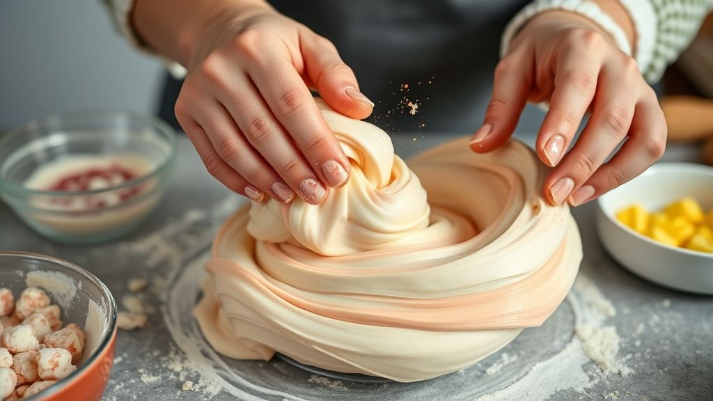 Mãos colorindo a massa do doce com corantes em gel durante o preparo