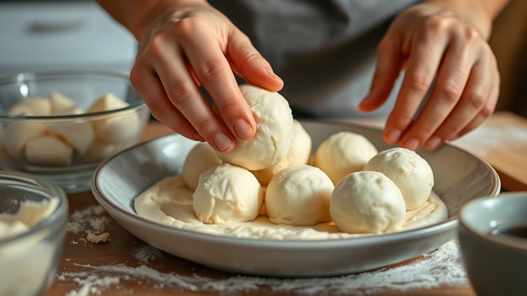 Mãos moldando as bolinhas de doce de queijo antes de assar e preparar a calda