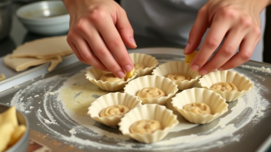 Mãos modelando a massa da empadinha durante o preparo, mostrando a textura leve e quebradiça