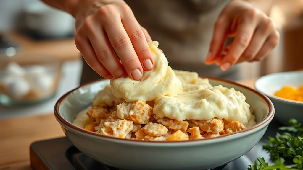 Mãos espalhando o purê sobre o recheio de frango em refratário antes de levar ao forno