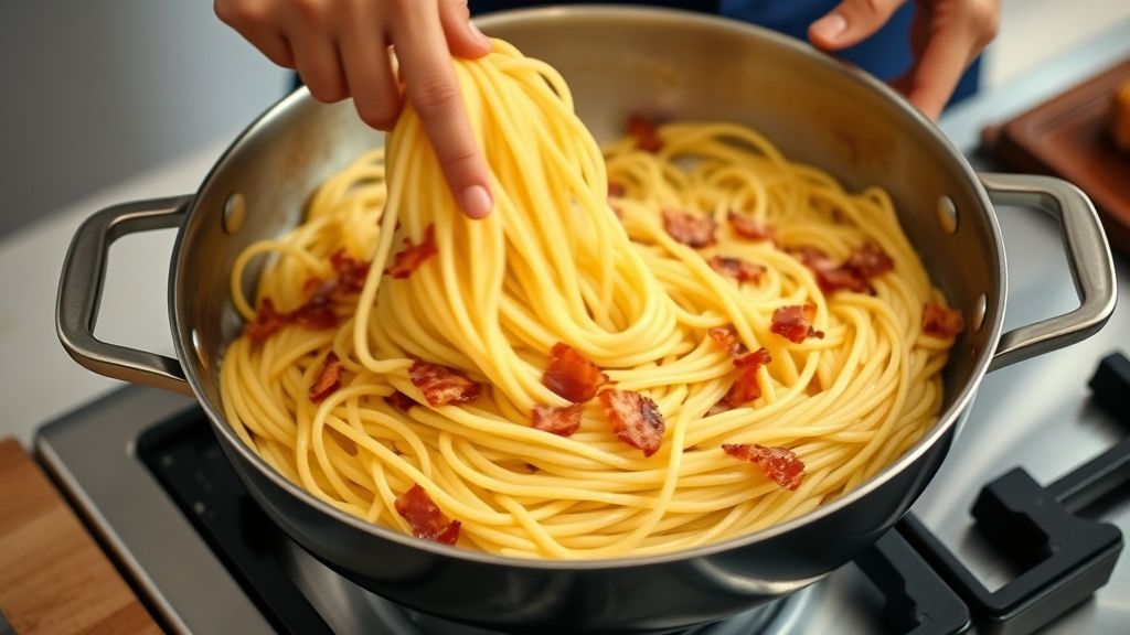 Mãos mexendo o espaguete com bacon na frigideira enquanto acrescentam a mistura de ovos e queijo.