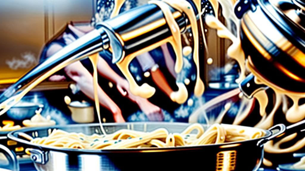 Mãos misturando o espaguete ao molho alfredo cremoso em uma frigideira, com vapor e textura apetitosos.